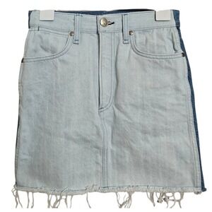 Rag & Bone Two Tone‎ Denim Mini Skirt Sz 24 Raw Fringe Hem High Rise Womens